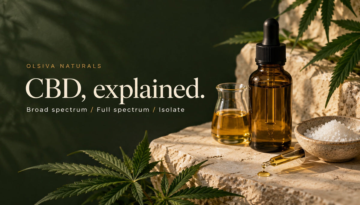 Olsiva Naturals CBD guide cover with amber dropper bottles, hemp leaves and crystalline isolate on a forest-green and limestone background.