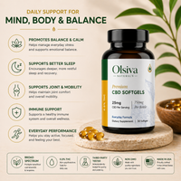 Olsiva Naturals Hemp Wellness Softgels bottle with product benefits on a beige background