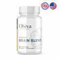 A white plastic bottle of Olsiva Naturals Premium Brain Blend dietary supplement with a white cap, shown on a white background with a 'Made in USA' badge in the top right corner.
