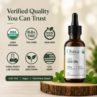 Olsiva Naturals Organic Hemp Wellness Oil in an amber glass dropper bottle, displayed on a rustic wood slice with mint leaves. The background is a soft beige bokeh with informational badges highlighting 'Verified Quality You Can Trust', including USDA Organic, 0.