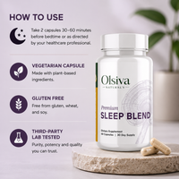 Olsiva Naturals Premium Sleep Blend dietary supplement bottle on a stone slab with two capsules, next to a 'How to Use' informational panel on a light purple background.