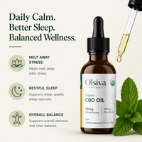 Olsiva Naturals Organic Hemp Wellness Oil bottle with a dropper, shown on a light beige background with marketing text, a dropper releasing oil, and mint leaves.