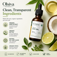 Olsiva Naturals Organic CBD Oil in an amber glass dropper bottle, presented on a light beige background with ingredient callouts, green leaves, a sliced lime, a coconut half, and a glass of oil.