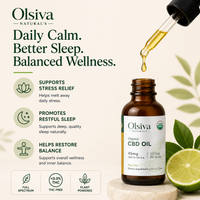 Olsiva Naturals Organic CBD Oil bottle on a light beige background with promotional text, a dropper of golden oil above, and a lime slice with leaves.