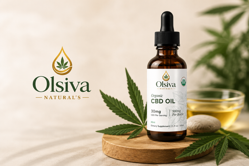 Olsiva Natural's Organic CBD Oil in an amber glass dropper bottle, styled on a wooden coaster with cannabis leaves and a glass of oil on a light beige background.