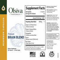 Front and back views of an Olsiva Natural's Premium Brain Blend mushroom capsules supplement package. The left side shows the front label with a white background, featuring the brand logo, 'PREMIUM BRAIN BLEND' in a blue wave graphic, 'MUSHROOM CAPSULES' in a gold vertical banner, and a black supplement facts panel.