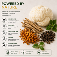 A marketing graphic for a mushroom and herb supplement. The right side shows a bundle of off-white lion's mane, several brown cordyceps roots, a pile of orange-brown ashwagandha, a pile of black peppercorns, and green herb leaves on a light beige background.