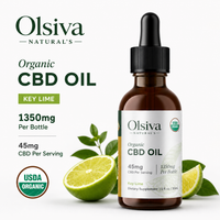 Olsiva Naturals Organic CBD Oil in a 1 fl oz amber glass dropper bottle, labeled Key Lime. The bottle is shown next to fresh green key lime halves and leaves on a clean white background, with product details and a USDA Organic seal displayed on the left.