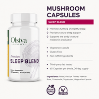 Olsiva Natural's Premium Sleep Blend Mushroom Capsules bottle on a white background with product details and benefits listed on the right.