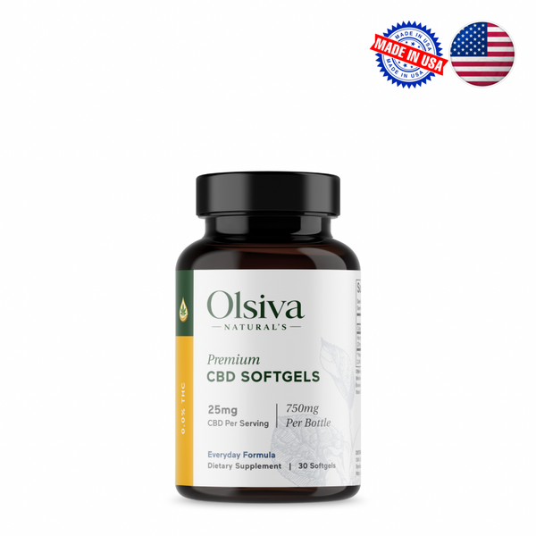 Olsiva Naturals Hemp Wellness Softgels bottle with 'Made in USA' label on a white background