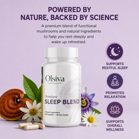 Olsiva Naturals Premium Sleep Blend dietary supplement bottle on a lavender background with mushroom, flower, and capsule props, plus text and benefit icons about sleep and relaxation.
