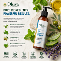 Olsiva Naturals Hemp Wellness Sports Cream bottle with natural ingredients on a light background