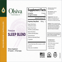 Front and back views of a white supplement box for Olsiva Natural's Premium Sleep Blend mushroom capsules, showing the supplement facts panel, ingredients list, and branding.