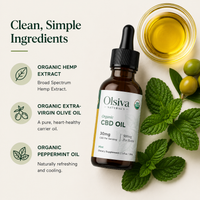 Olsiva Naturals Organic Hemp Wellness Oil in a dark amber glass dropper bottle, styled with fresh green peppermint leaves, whole olives, and a small glass bowl of golden oil on a light beige background with text highlighting clean ingredients.