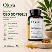 Olsiva Naturals Hemp Wellness Softgels bottle with packaging details on a neutral background