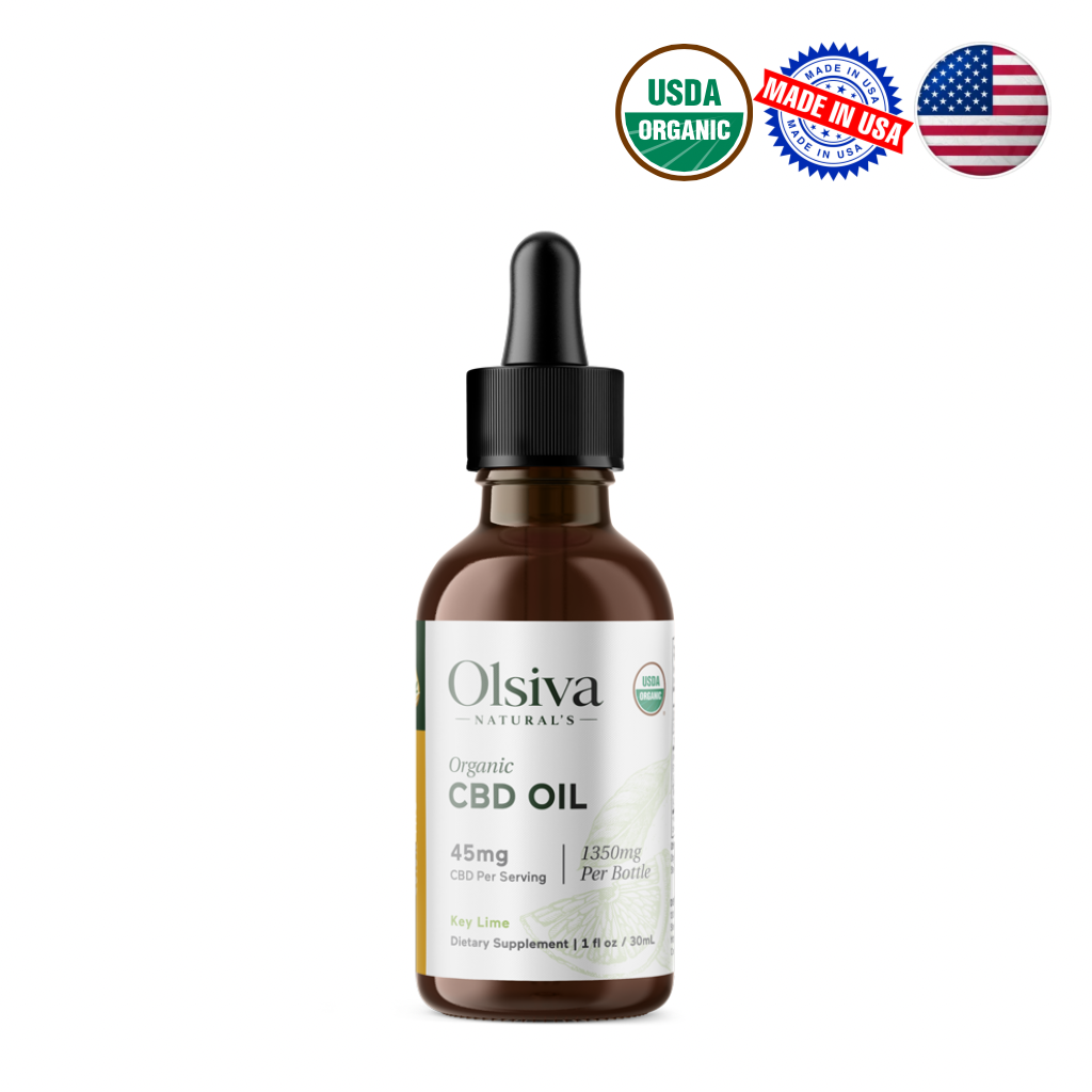 Olsiva Naturals Organic CBD Oil in a 1 fl oz amber glass dropper bottle, shown on a white background with USDA Organic and Made in USA badges at the top right.