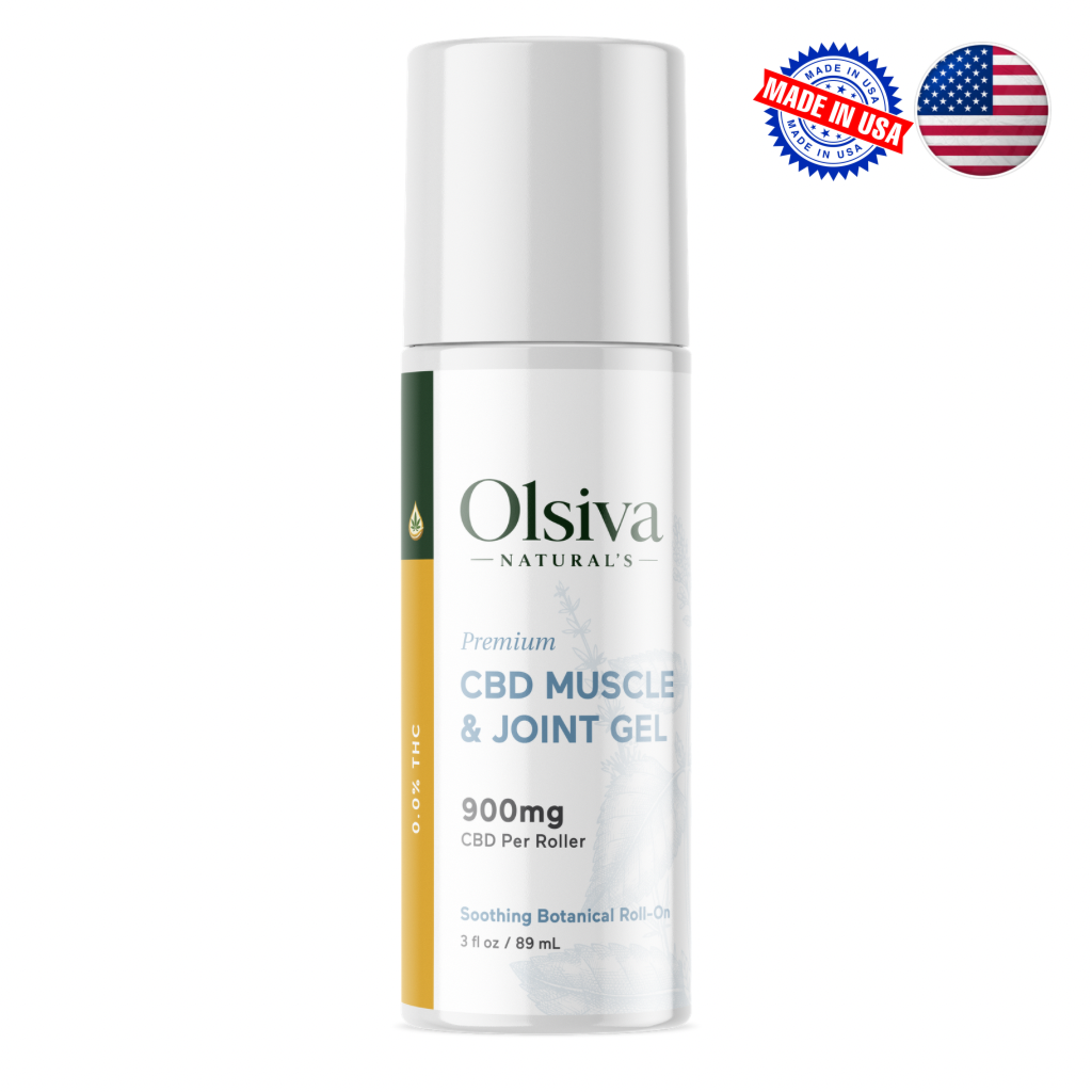 Olsiva Naturals Hemp Wellness Muscle & Joint Gel bottle on a white background with 'Made in USA' label.