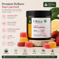 Olsiva Organic Hemp Wellness Gummies packaging with gummies and lemon slices on a light background