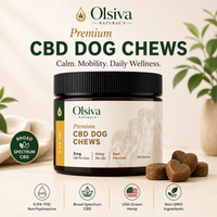 Olsiva Naturals Premium Hemp Wellness Dog Chews packaging with ingredients listed on a light background.