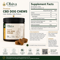 Olsiva Naturals Hemp Wellness Dog Chews packaging with supplement facts and product details.
