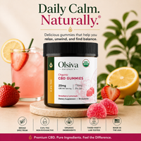 Olsiva Organic Hemp Wellness Gummies packaging with strawberries, lemon, and a drink on a wooden surface.