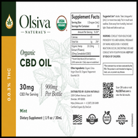 Front and back label of Olsiva Natural's Organic Hemp Wellness Oil (Mint flavor) showing supplement facts, serving size, THC content, and distribution details.