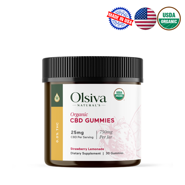 Jar of Olsiva Natural's Organic Hemp Wellness Gummies with certification logos on a white background