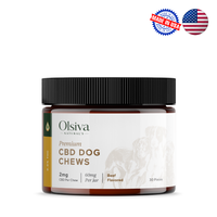 Jar of Olsiva Naturals Hemp Wellness Dog Chews with branding and product details on a white background.