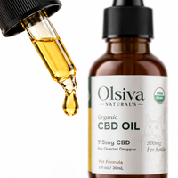 Close-up of the glass dropper releasing a golden drop of Olsiva Naturals organic CBD oil, 7.5mg CBD per quarter dropper
