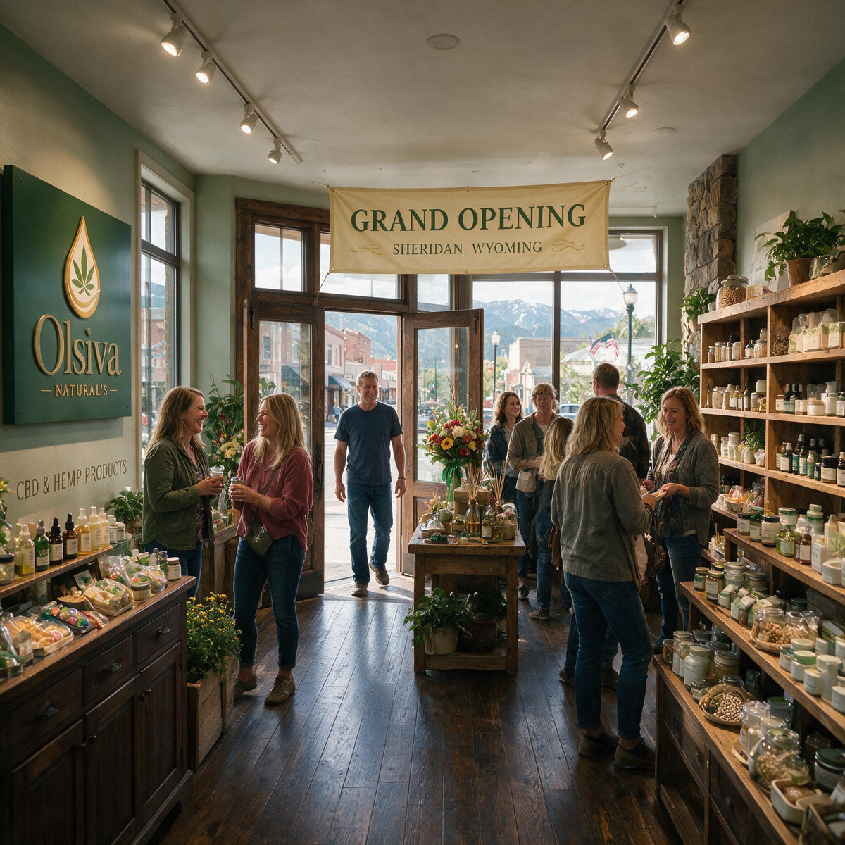 A bustling Hemp wellness shop interior with people gathered around tables and shelves displaying products. A large green sign on the left reads 'Olsiva Natural' with a cannabis leaf logo, and a beige 'GRAND OPENING' banner hangs above the entrance.