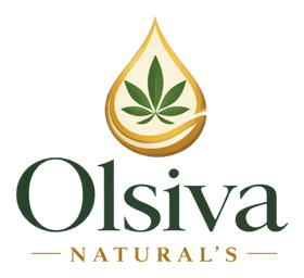 Olsiva Natural's logo featuring a gold and cream droplet with a green cannabis leaf, above the text 'Olsiva' in dark green and 'NATURAL'S' in gold on a white background.
